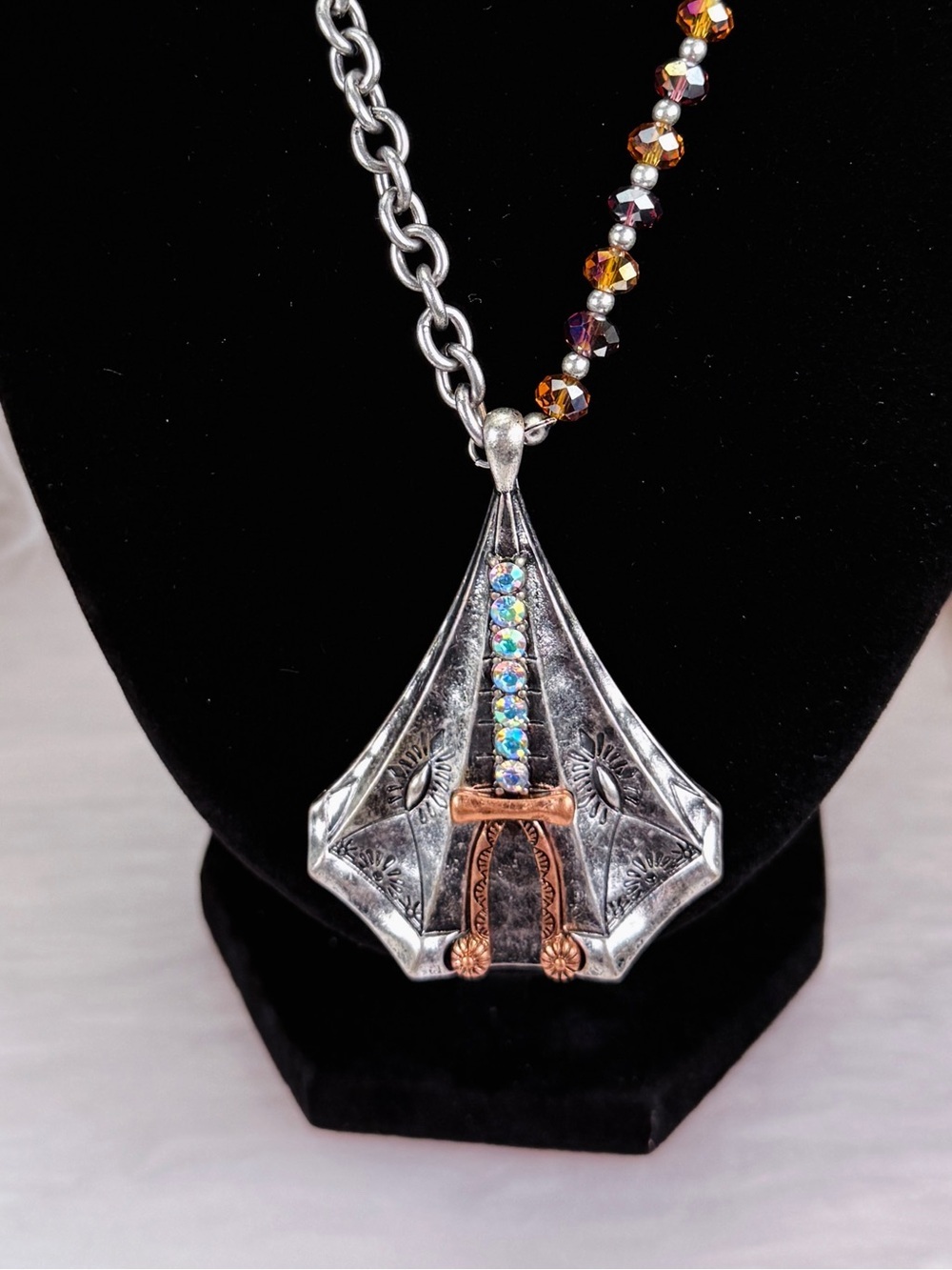Vintage Mixed Metal Rhinestone Faceted Bead Statement Pendant Necklace